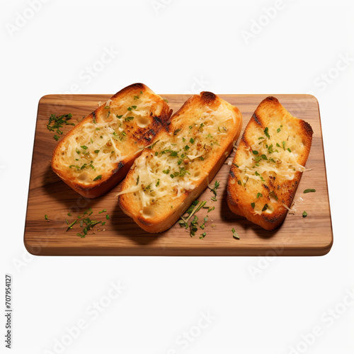top view photography of garlic bread on wooden board isolated on a transparent background created with Generative Ai