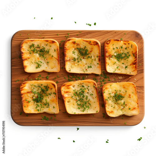 top view photography of garlic bread on wooden board isolated on a transparent background created with Generative Ai