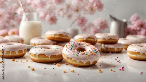 Donuts with different flavors with candy and milk, food.