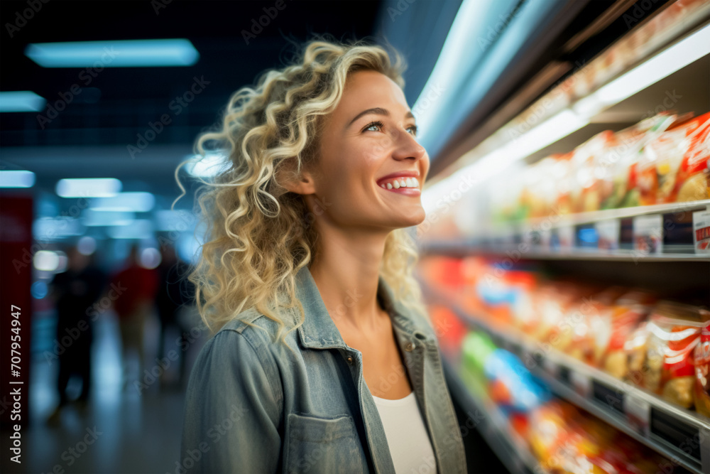 A pretty girl in a good mood is shopping at a large grocery supermarket or store. A selection of high-quality and delicious food.