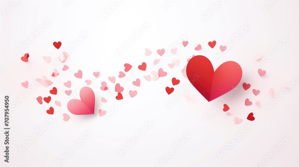 Heart flying composition. Celebration. Bright hearts confetti falling on white background. Valentines Day banner for greeting cards, wedding invitation, gift packages