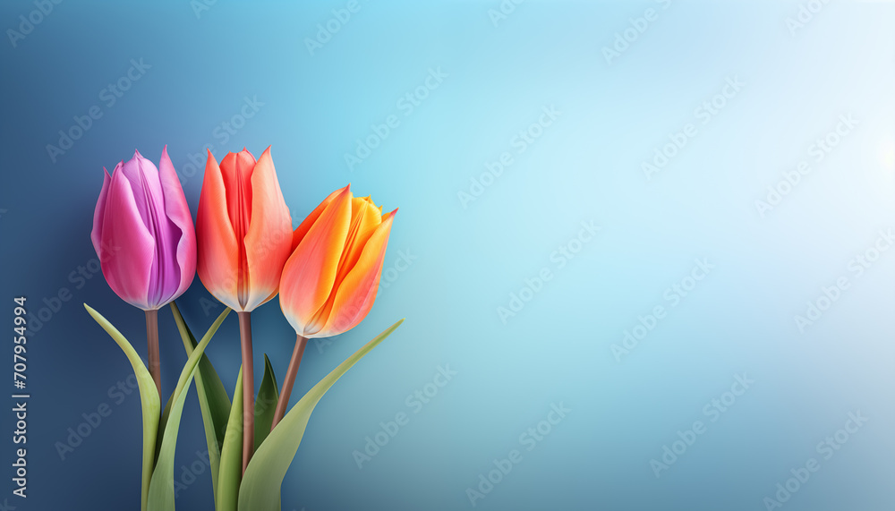 bouquet of tulips on blue background with copy space
