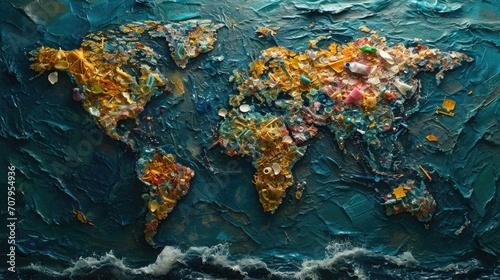 An artistic representation of microplastics forming a world map on a dark background, illustrating the global spread of plastic pollution.