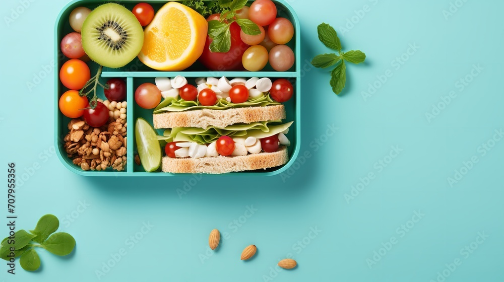 Top view of school kid's lunch box with healthy and nutritious food in a clean backdrop with copy space, Generative AI. - obrazy, fototapety, plakaty 