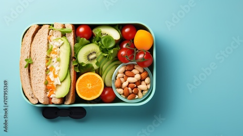 Top view of school kid's lunch box with healthy and nutritious food in a clean backdrop with copy space, Generative AI.