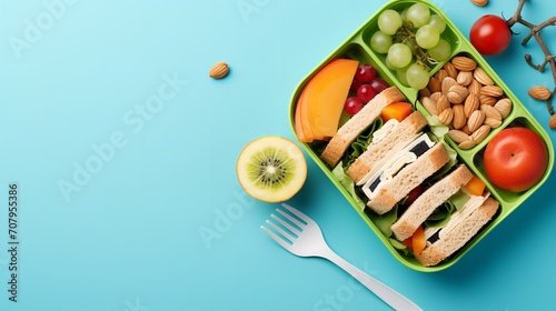 Top view of school kid's lunch box with healthy and nutritious food in a clean backdrop with copy space, Generative AI. photo