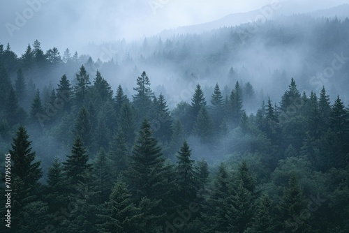 A misty forest landscape with an abundance of tall pine trees. Ideal for nature-themed designs and backgrounds