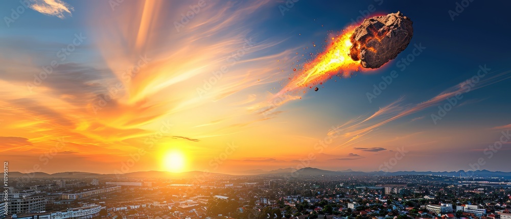 A meteorite is flying over the city. An asteroid over a megalopolis. A meteor. The comet. - obrazy, fototapety, plakaty 