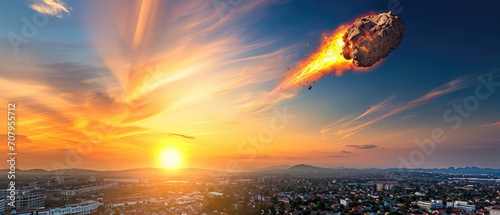 A meteorite is flying over the city. An asteroid over a megalopolis. A meteor. The comet. photo