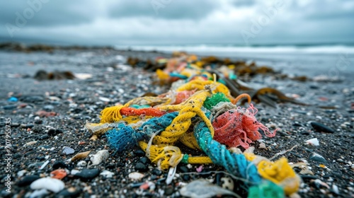 A macro shot of colorful microplastics entangled in seaweed on the beach, symbolizing ocean pollution. photo