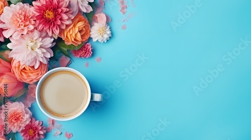 Morning cup of coffee and colorful flowers on blue pastel table top view. Flat lay style. Creative breakfast for Woman day.