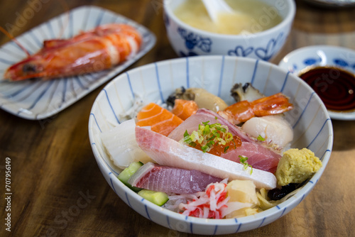 Slice of the fresh fish sashimi rice bowl