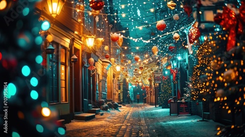 A vibrant street adorned with beautiful Christmas lights and decorations. Perfect for adding a touch of holiday cheer to any project or design