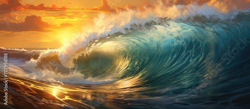 Sunrise at the sea, riding an ocean wave with golden splashes. © TheWaterMeloonProjec