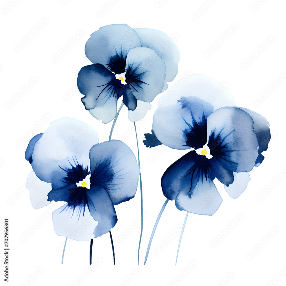 Watercolor navy blue flowers isolated on transparent background
