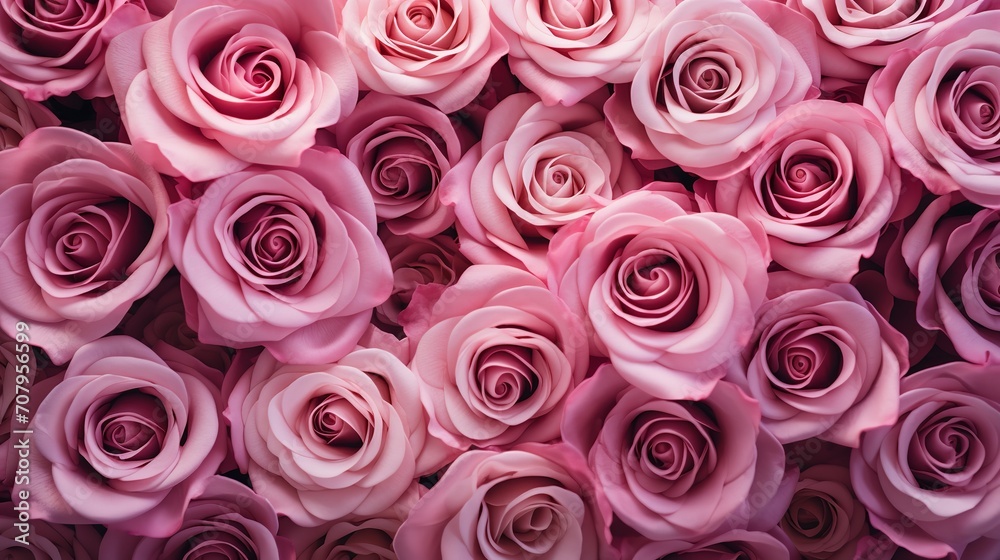 Wall texture wallpaper with a top view of pink rose flowers, Valentine's day, bunch of, Generative AI.