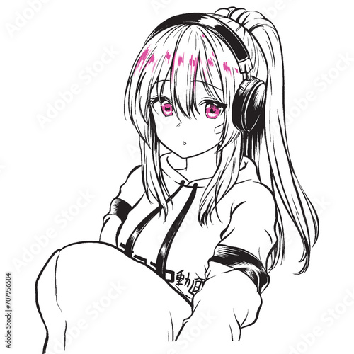 Anime shy girl listening music