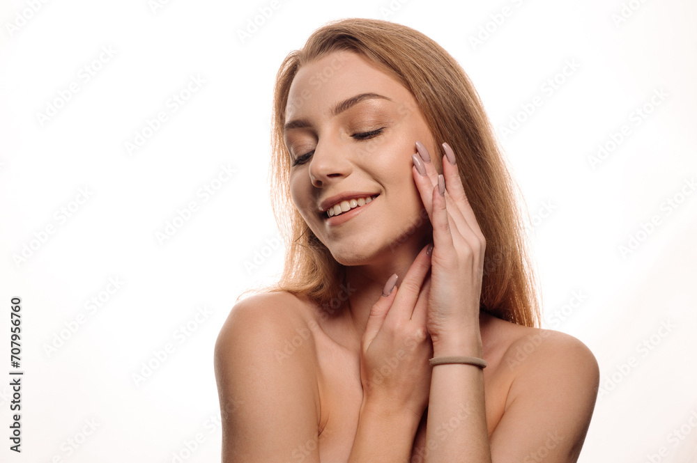 Beauty portrait of a beautiful smiling woman on a white background Beauty portrait of a beautiful smiling woman on a white background