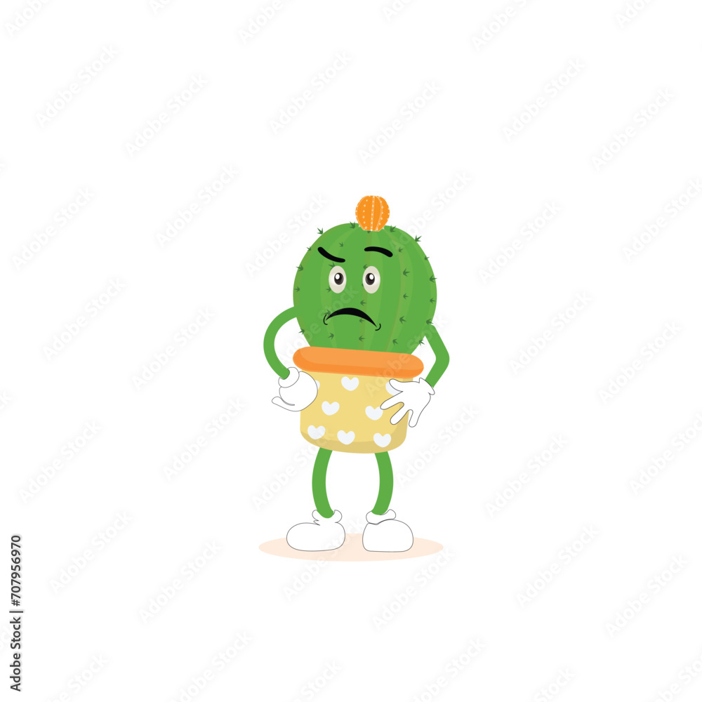 Fototapeta premium Cartoon cute cactus mascot, Potted cactus characters set, funny cactus in flower pot with different emotions vector Illustrations on a white background