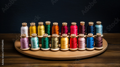 Colorful Spool of Thread Arranged on a Wooden