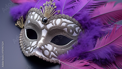Purple feather mask adds elegance to celebration event generated by AI