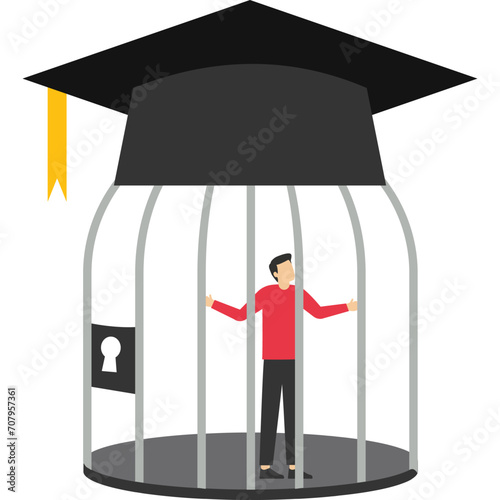 Student loan debt, money trap that graduated have to payback huge amount of money, expensive cost for education concept, depressed confused new graduated student in birdcage with graduation cap. stock