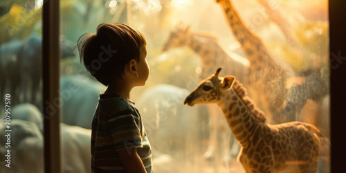 A boy looks at the wild giraffes at the zoo. Boy amazed by animals, lush greenery in zoo backdrop. Childhood Wonder at the Zoo.  © dinastya