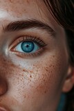 Close up of a woman's eye with beautiful freckles. Perfect for beauty, skincare, and makeup concepts