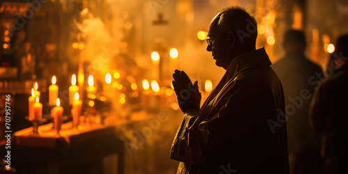 Fotografie, Obraz Mature man in a church prays in a prayer gesture