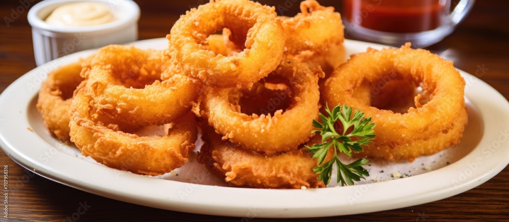 Onion rings, homemade and deep-fried, selectively focused on the plate. Onion rings, homemade and deep-fried, selectively focused on the plate.