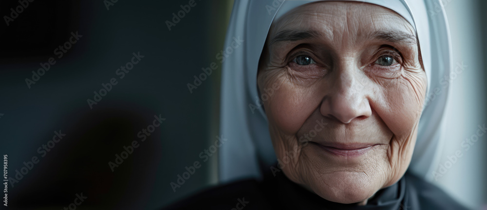 Serene Joy of Devotion. Old nun smiling, portrait with copy space on grey background. - obrazy, fototapety, plakaty 