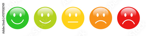 3D Rating Emojis set in different colors with shine. Feedback emoticons collection. Excellent, good, neutral, bad and very bad emojis. Flat icon set of rating and feedback emoji icons.