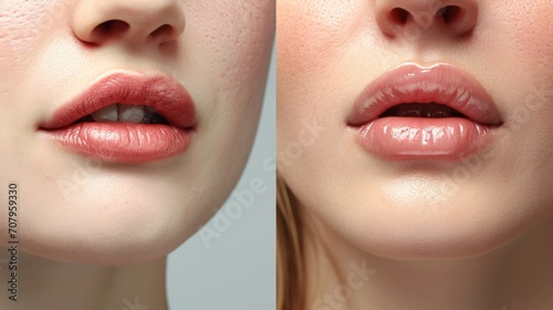 Close-up comparison of a woman's lips before and after a lip filler treatment. Ideal for beauty and cosmetic enhancement concepts photo