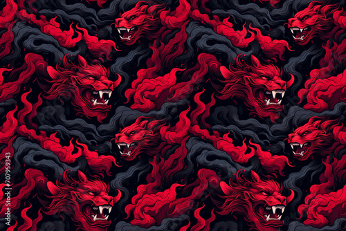 Seamless pattern, dragons, red and black, tiling texture background