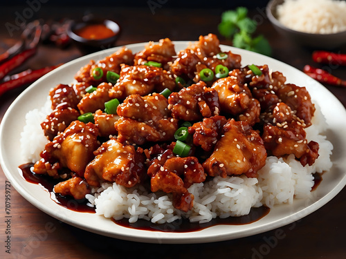 General Tso's chicken, with crispy golden-brown pieces coated in a tangy, spicy sauce. photo