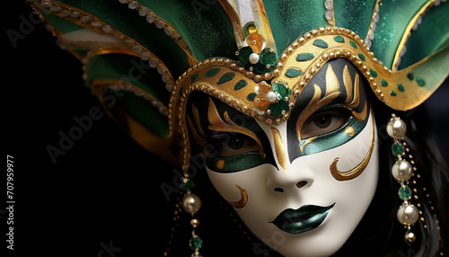 Women in ornate costumes wear gold masks generated by AI