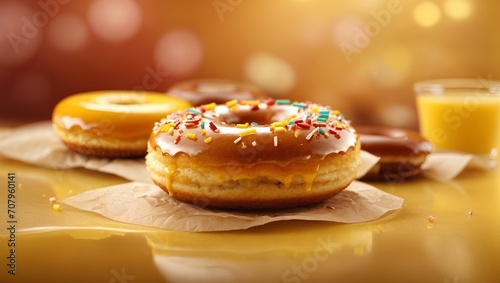 Donuts with honey, caramel, banana and candy pieces, food.