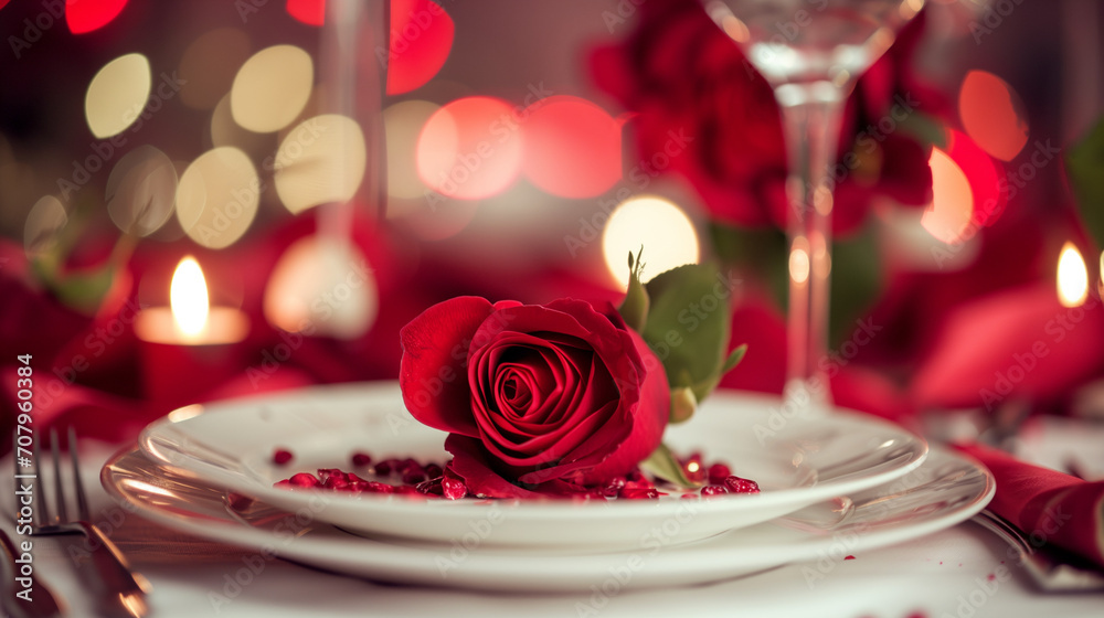Red rose on elegant table setting, Valentine's theme Red rose on elegant table setting, Valentine's theme