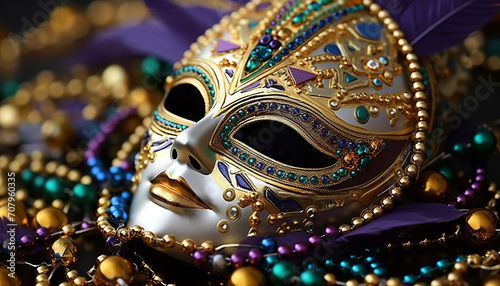 Colorful masks and costumes at Mardi Gras parade generated by AI