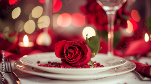 Red rose on elegant table setting, Valentine's theme