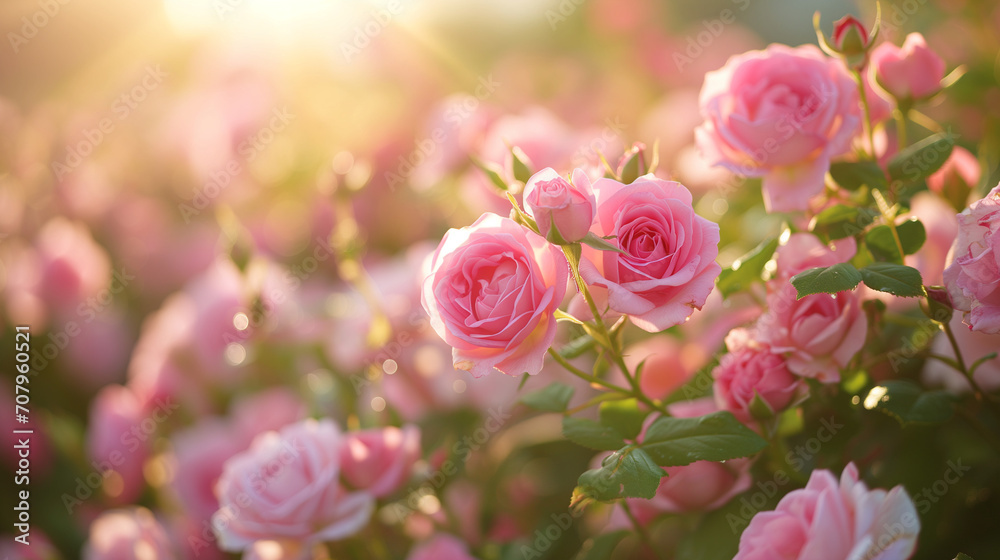 Wide view of pink roses in sunlight Wide view of pink roses in sunlight