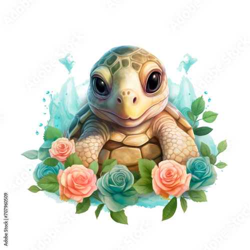 Watercolor turtle with flowers. © Suwanlee