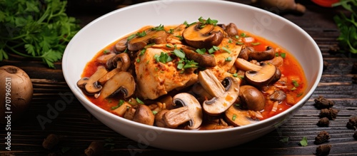 French chicken stew with mushrooms in tomato sauce, served in a white bowl on a wooden table, flat lay.