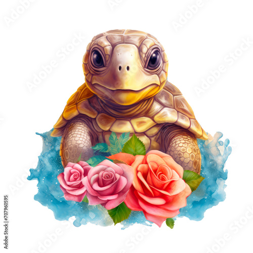 A baby sea turtle with its big magical eyes surrounded by roses. © Suwanlee