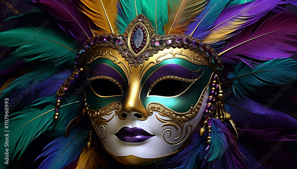 Masked beauty travels through colorful carnival celebration generated by AI