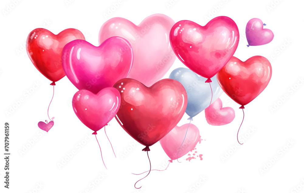 Colorful red heart shape party balloons in watercolor design isolated on transparent background
