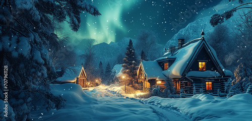 A snowy village with cozy cabins and aurora lights in the night sky,