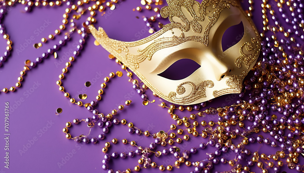 Purple mask, gold glitter, Mardi Gras celebration generated by AI