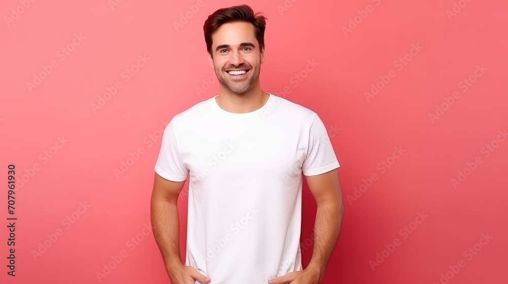 Man in blank white t-shirt on red background. T-shirt Mockup Man in blank white t-shirt on red background. T-shirt Mockup