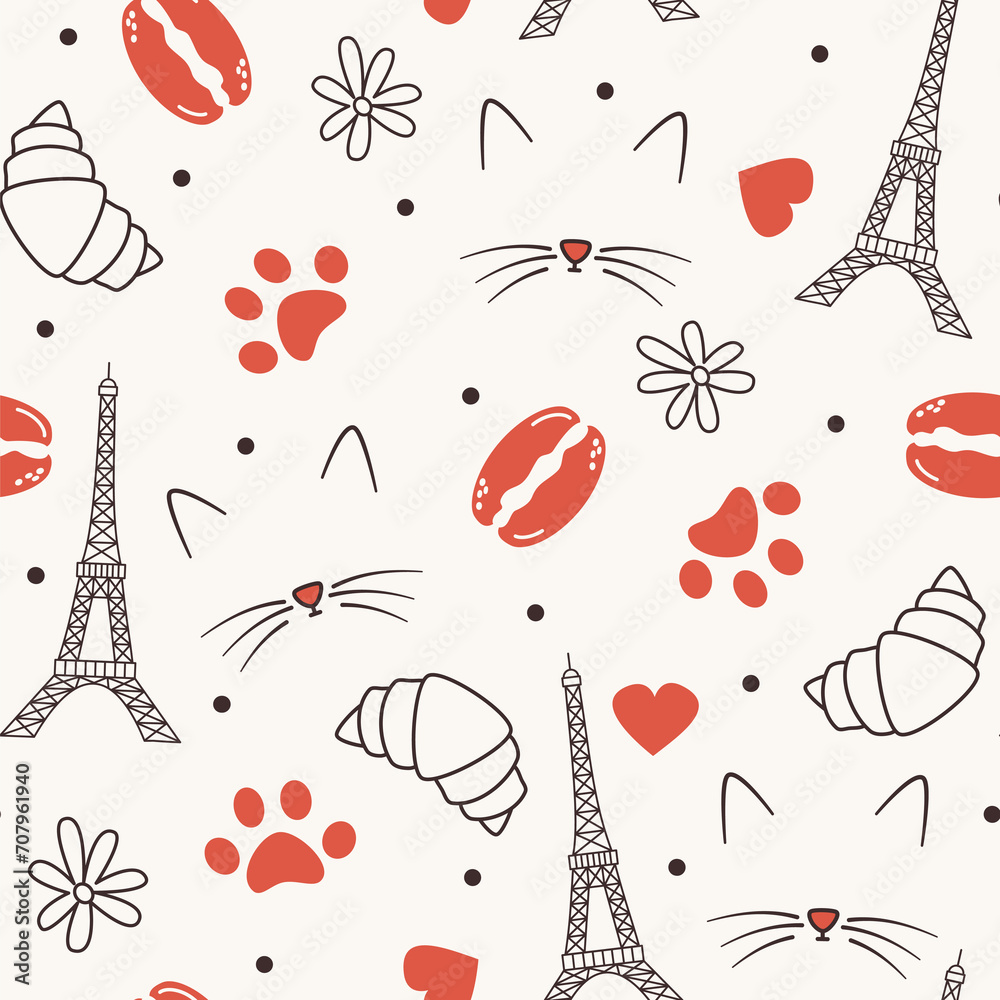 Cute hand drawn seamless vector pattern background illustration with cat, paw print, eiffel tower, red hearts, macarons, red hearts and other parisian elements and symbols